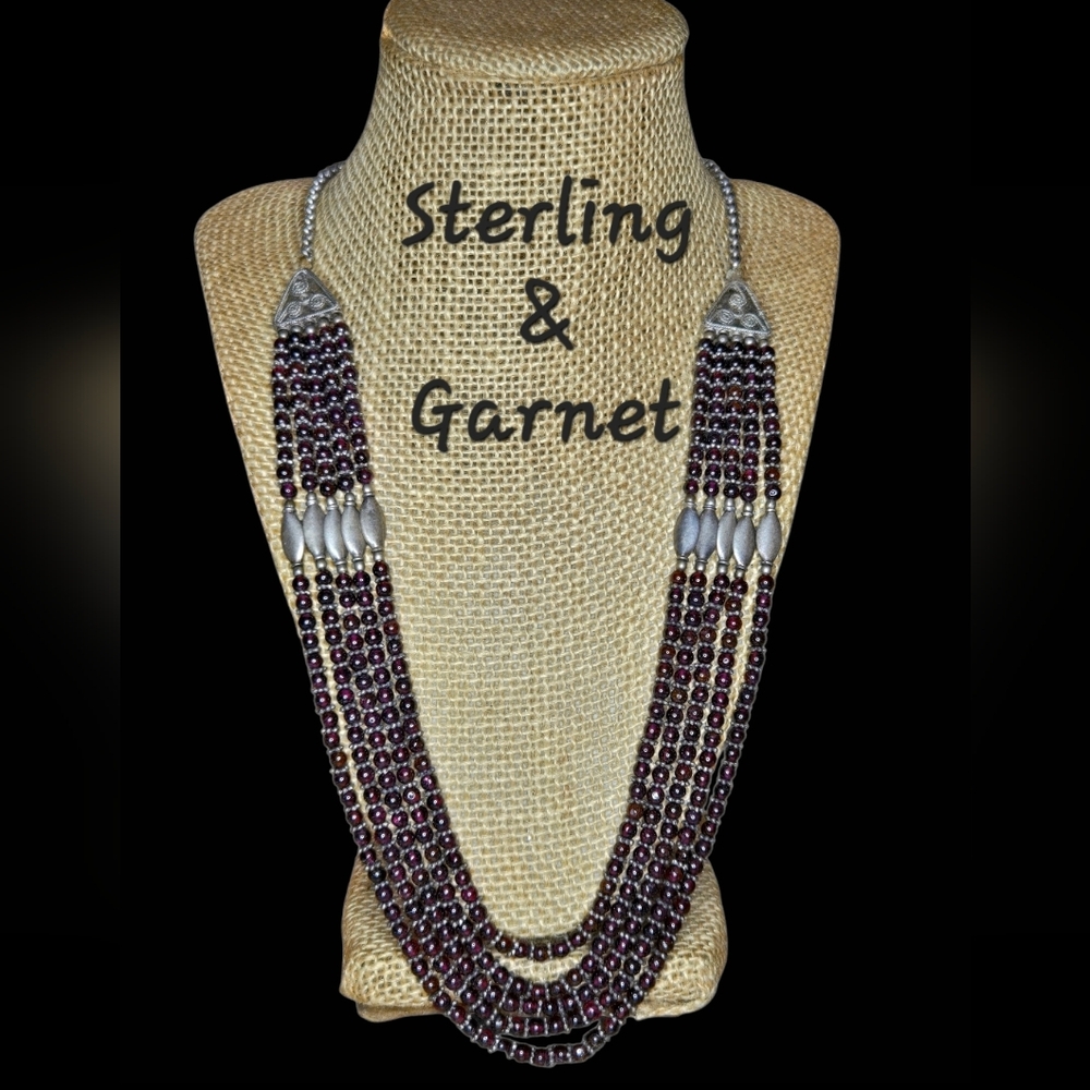 5 Strand Garnet and Sterling Bohemian Necklace